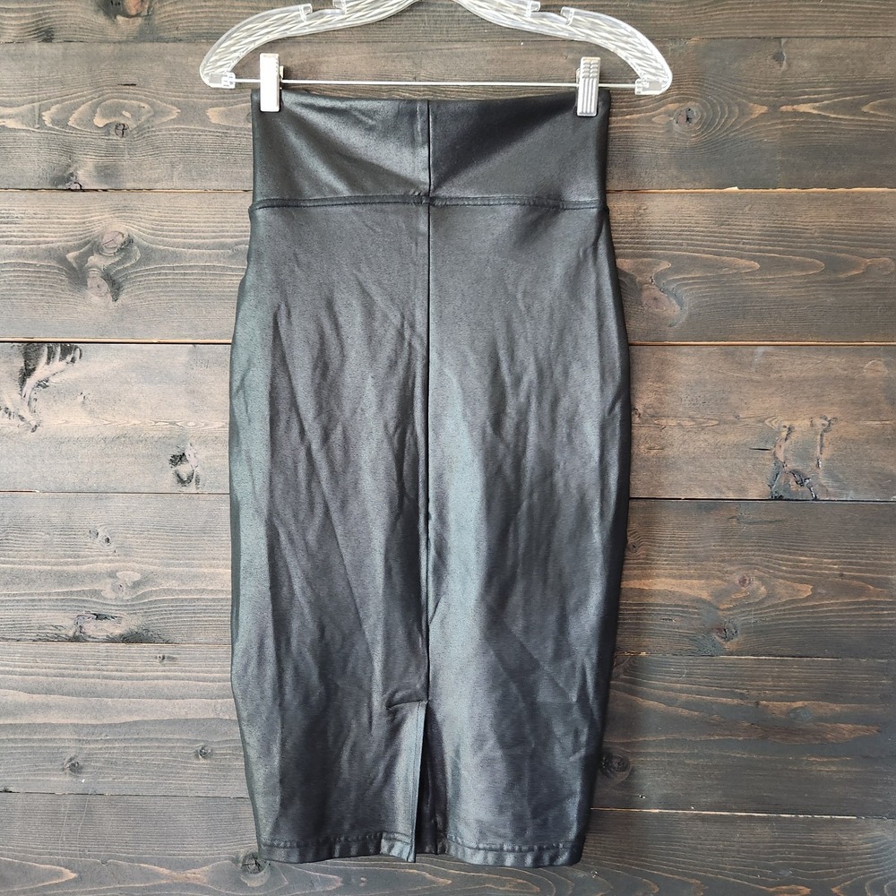 SPANX Faux Leather Black Pencil Skirt Knee Length Size M High Waisted - Picture 3 of 7